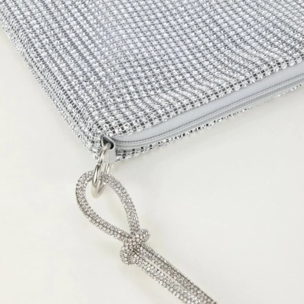 Rhinestone Bag With Zipper Silver